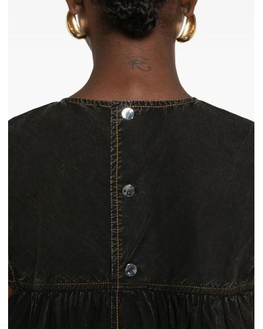Ganni Black Ruffled-Trim Smock Top