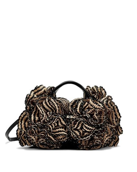 Ganni Black Mini Ruffled Straw Tote Bag