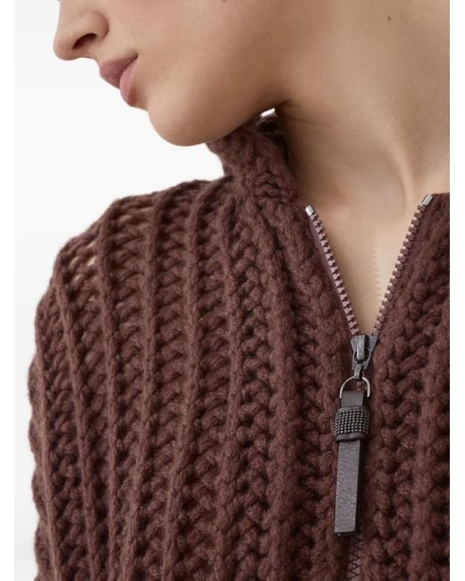 Brunello Cucinelli Brown Open-Knit Cardigan