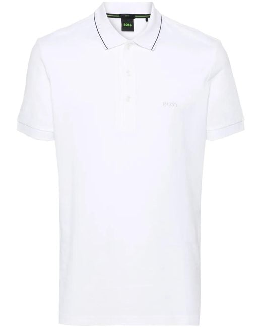 Boss White Cotton-Piqué Slim-Fit Polo Shirt With Collar Stripe for men