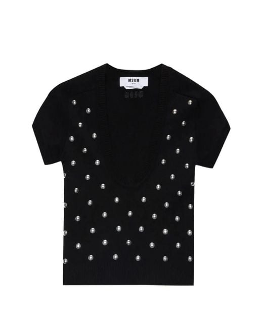 MSGM Black Studded-Embellished T-Shirt
