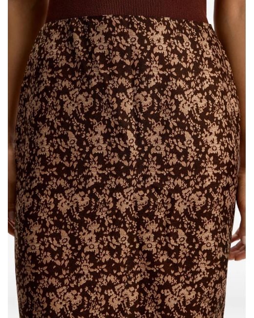12 STOREEZ Brown Floral-Pattern Silk Midi Skirt