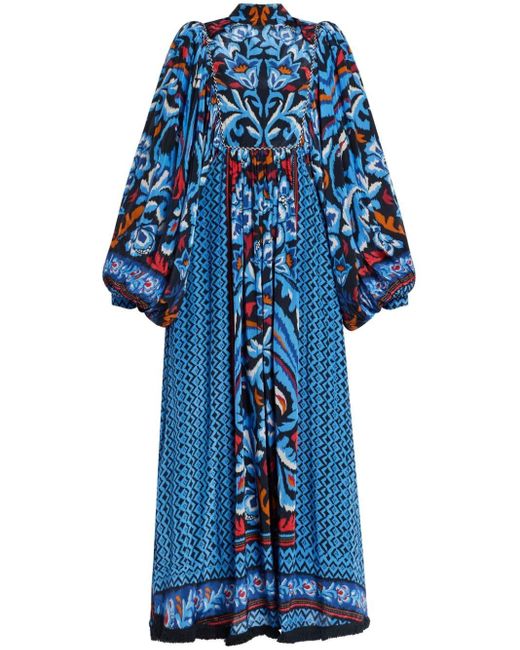 Farm Rio Blue Toucans Printed Satin Maxi Dress