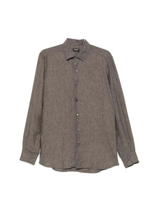 Zegna Gray Linen Long-Sleeve Shirt for men