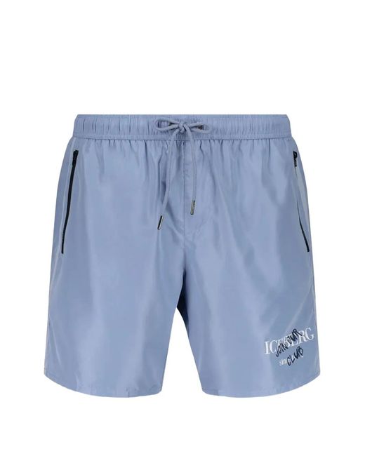 Iceberg Blue Logo-Print Drawstring Swim Shorts for men