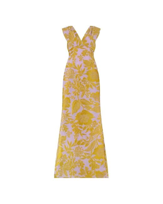 Lela Rose Metallic Floral-Fil Coupé V-Neck Maxi Dress