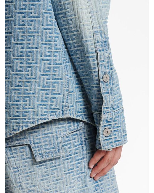 Balmain Blue Jacquard Monogram Denim Shirt for men