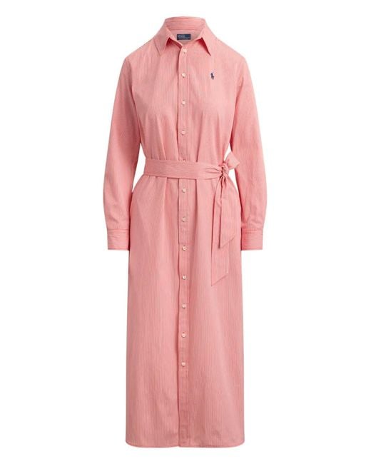 Polo Ralph Lauren Pink Midi Striped Belted Dress
