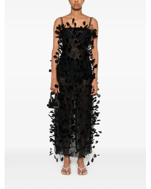 Nissa Black Feather-Embellished Tulle Maxi Dress