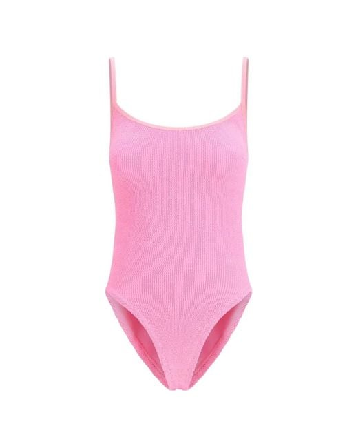 Hunza G Pink Pamela Crinkle-Effect One-Piece Swimsuit