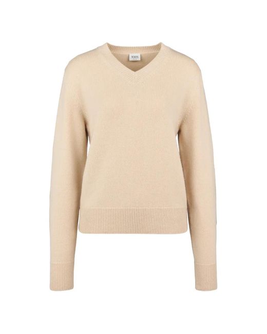 Tod's Natural Leather-Patch V-Neck Sweater