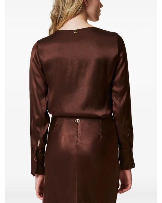 Twinset Brown Appliqué-Logo Satin Blouse