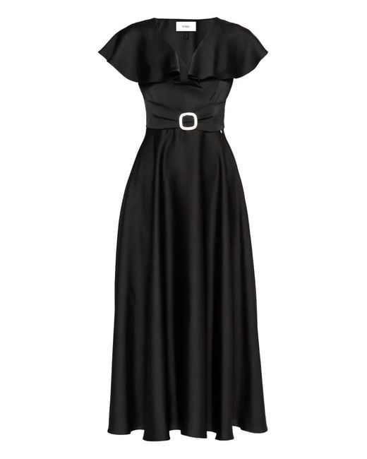 Nissa Black Ruffled Belted Satin Dress