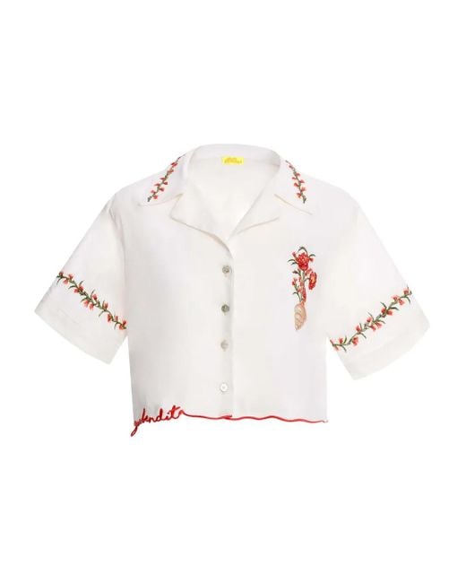 Agua Bendita White Itsy Floral-Embroidered Scalloped Top