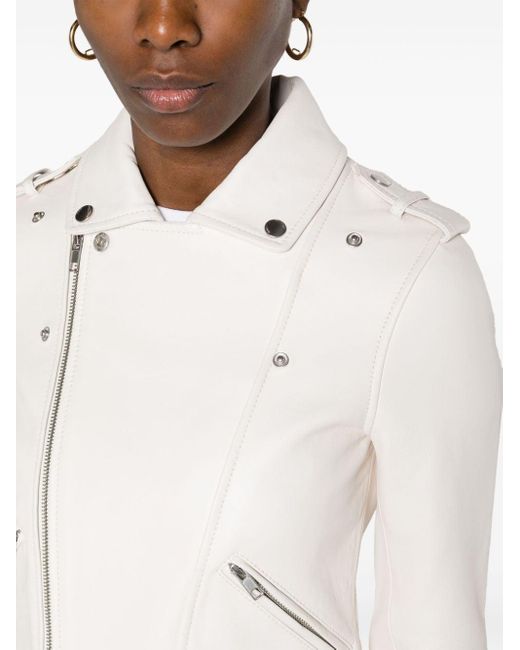 Maje White Matelassé-detailing Leather Biker Jacket