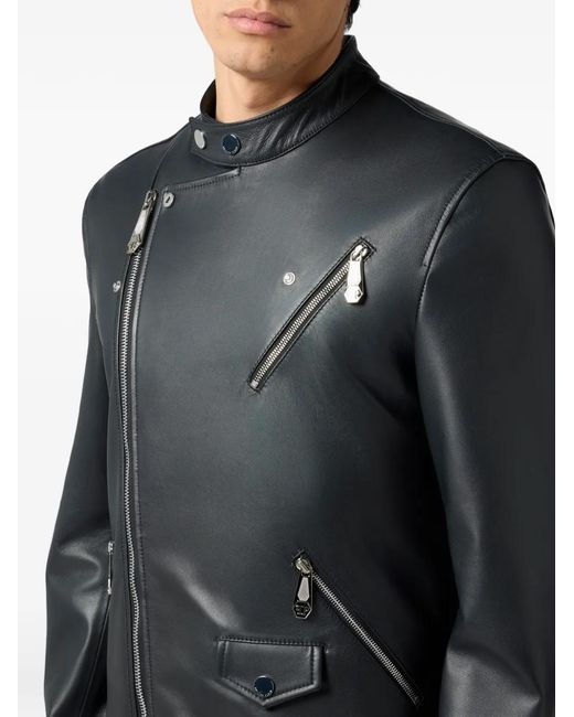 Philipp Plein Black Leather Biker Jacket for men