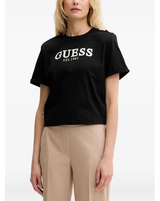Guess Black Button-Detail Logo-Print T-Shirt