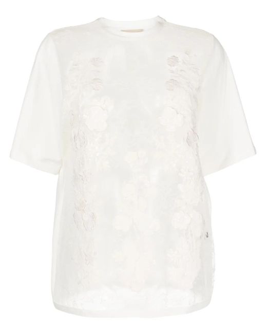 Elie Saab White Floral-Appliqué Sheer T-Shirt