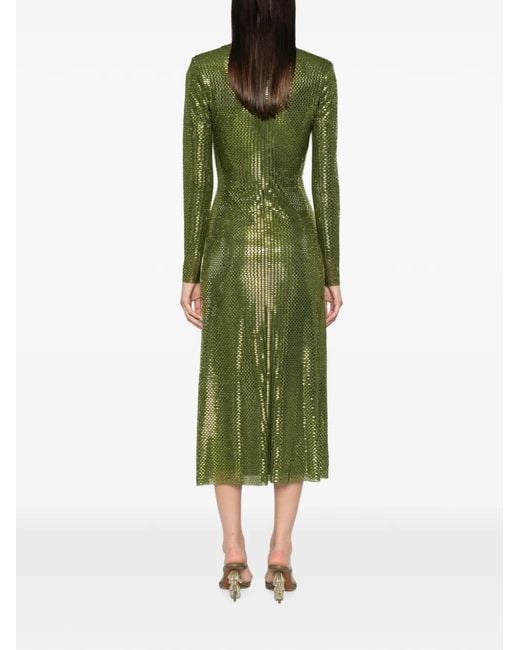 Self-Portrait Green Rhinestone-Embellished Ruched Midi Dress