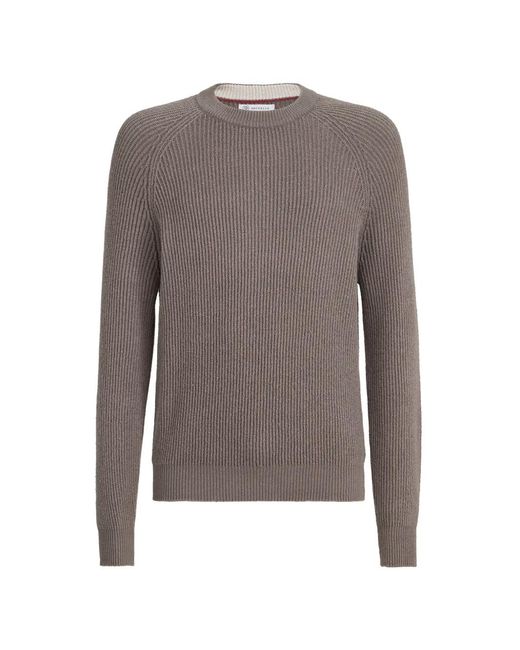 Brunello Cucinelli Gray Malfilé Cotton English Rib Sweater With Raglan Sleeves for men