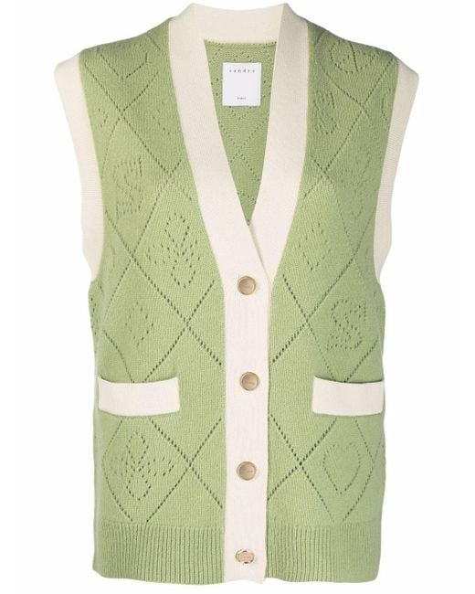 Sandro Green Perforated Logo Knitted Vest