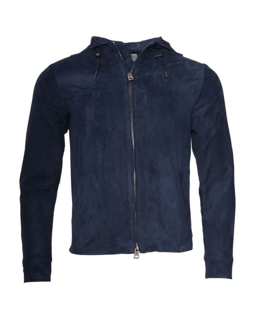Kiton Blue Hooded Suede Zip-Up Jacket for men