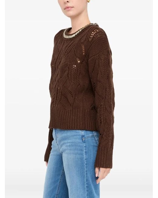 Liu Jo Brown Gemstone-Embellished Openwork Sweater