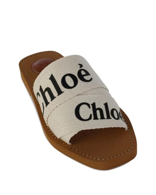 Chloé White Logo-Print Flat Sandals