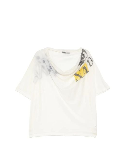 OPEN YY White Draped Graphic-Print T-Shirt