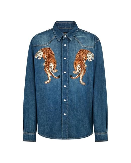 Roberto Cavalli Blue Tiger-Appliqué Shirt for men