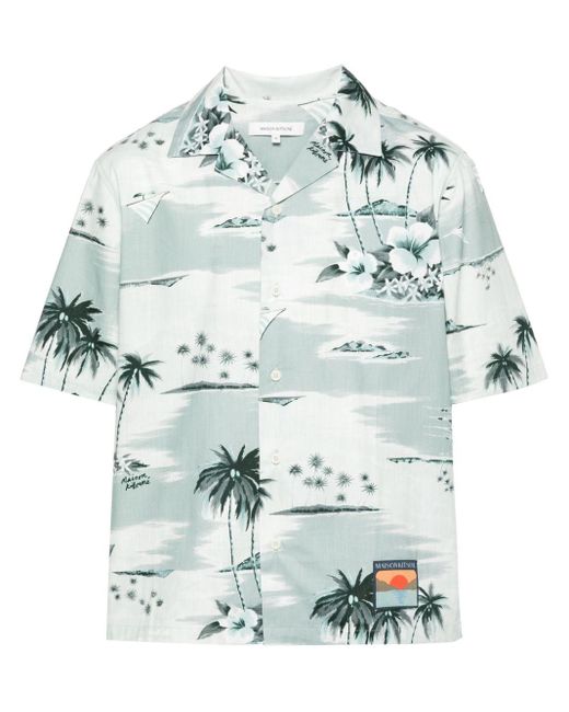 Maison Kitsuné Blue Island-print Bowling Shirt for men