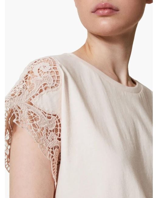 Twinset White Lace-Sleeve T-Shirt