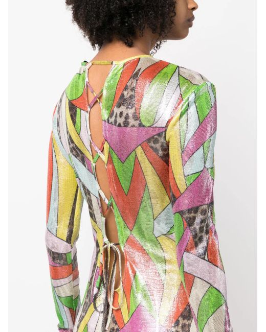 Philipp Plein Green Mix-Print Knitted Minidress