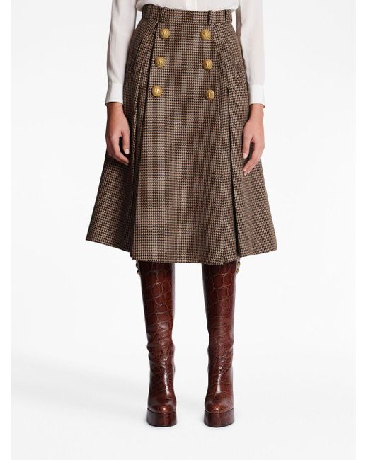 Balmain Brown Houndstooth Checked-print Pleated Skirt