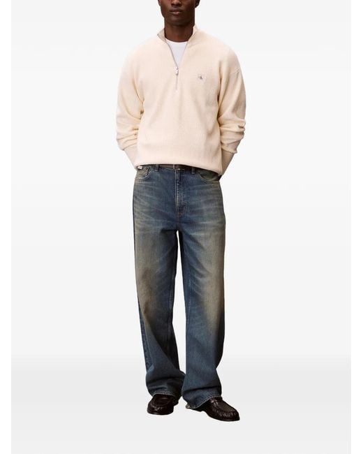 Calvin Klein White Logo-Patch Zip-Neck Sweater for men