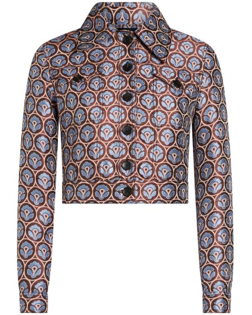 Etro Blue Floral-jacquard Cropped Jacket