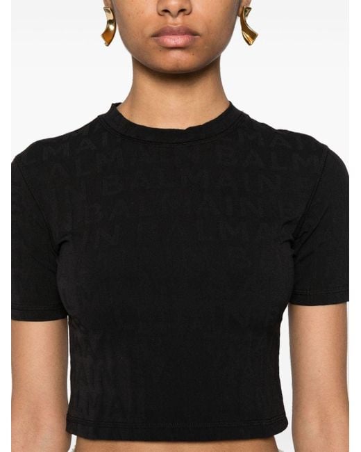 Balmain Black Embossed-logo Cropped T-shirt