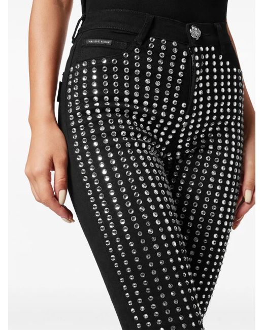 Philipp Plein Black Crystal-Embellished Cotton Blend Skinny Jeans