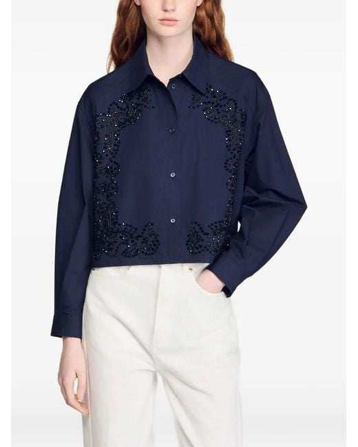 Sandro Blue Floral Embroidered Shirt