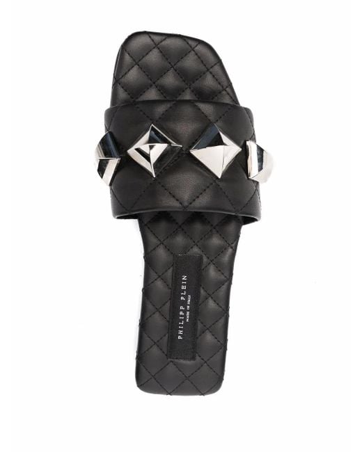 Philipp Plein White Flat Studded Matelassè Sandals