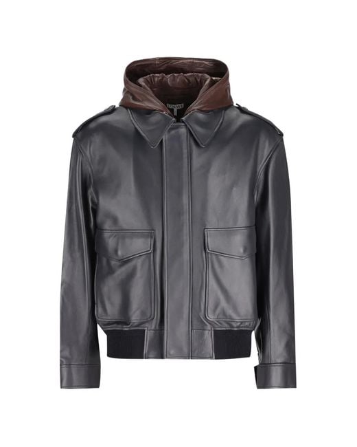 Loewe Gray Hooded Layered Leather Jacket for men