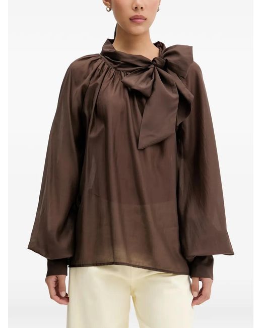 ViCOLO Brown Bow-Detail Long-Sleeve Blouse
