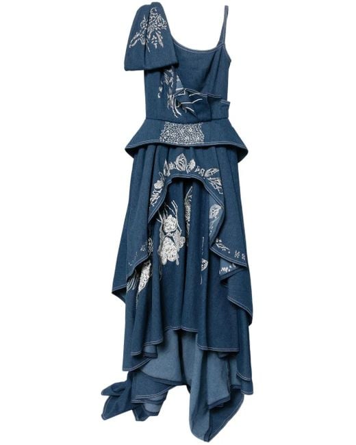 Saiid Kobeisy Blue Floral-Embroidered Denim Maxi Dress