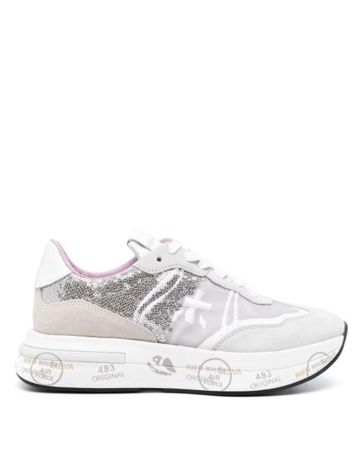 Premiata White Cassie Sequin-embellished Sneakers