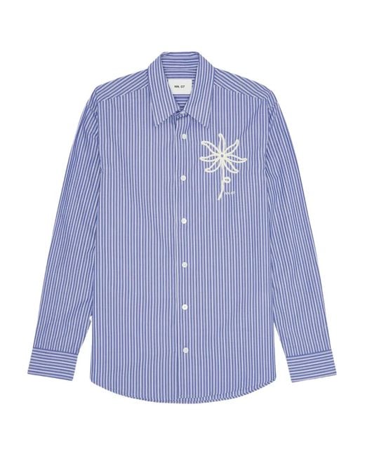 NN07 Blue Embroidered-Flower Striped Shirt for men
