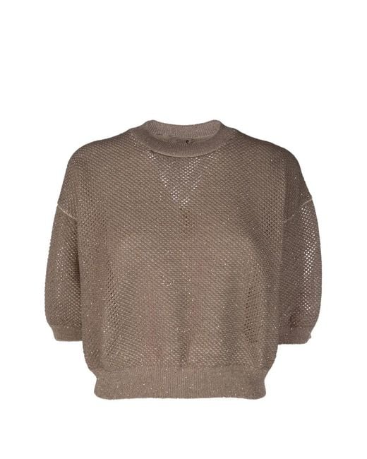 Peserico Brown Crew-Neck Embellished Sweater