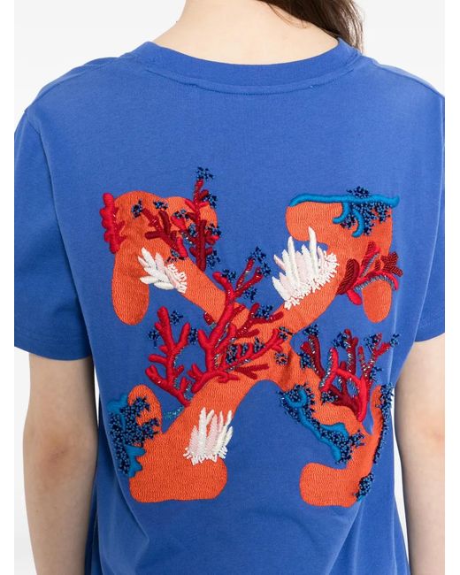 Off-White c/o Virgil Abloh Blue Rhinestone-Embellished Embroidery T-Shirt