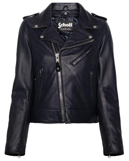 Schott Nyc Blue Zip-up Leather Biker Jacket