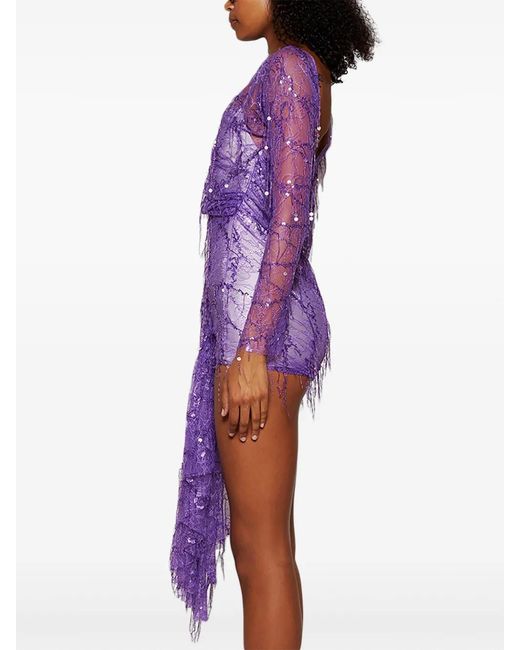 Christopher Esber Purple Lace Sequin-Embellished Asymmetric Mini Dress