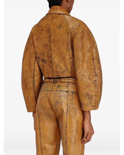 DIESEL Brown L-Raya Cocoon-Sleeve Cropped Leather Jacket